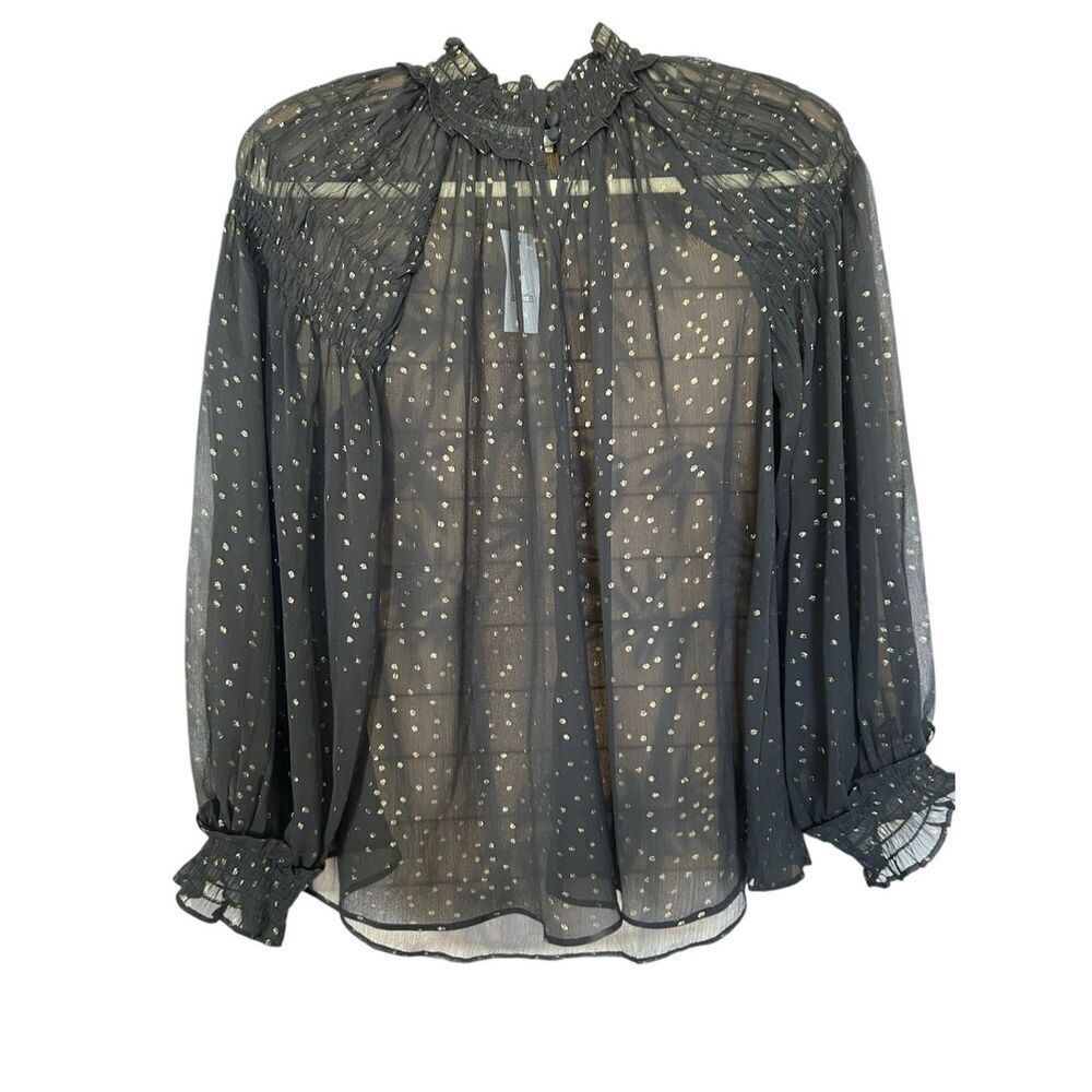 LOFT Black Sheer Metallic Dot Smocked Ruffle Blouse NWT Women’s M